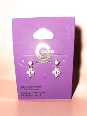 Claire's Gold-Plated Cross Drop Earrings - Purple Card